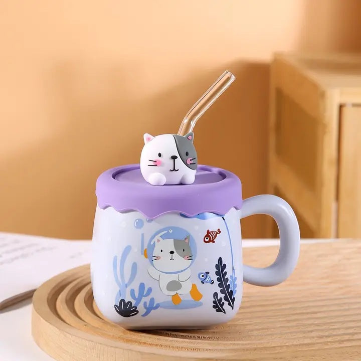 Cat Diving Mug With Lid & Straw