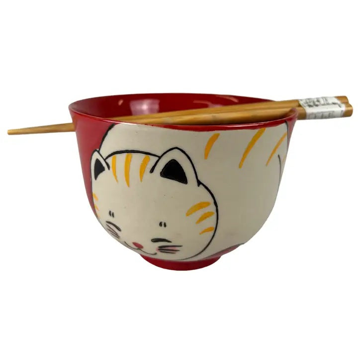 Chubby Cat Red Bowl With Chopsticks