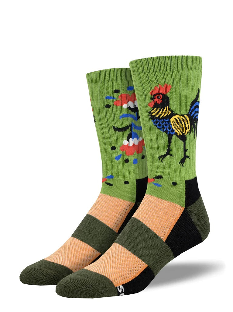 Folk Art Rooster Men's Wool Crew Socks Green