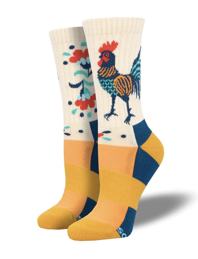 Folk Art Rooster Women's Wool Crew Socks Ivory