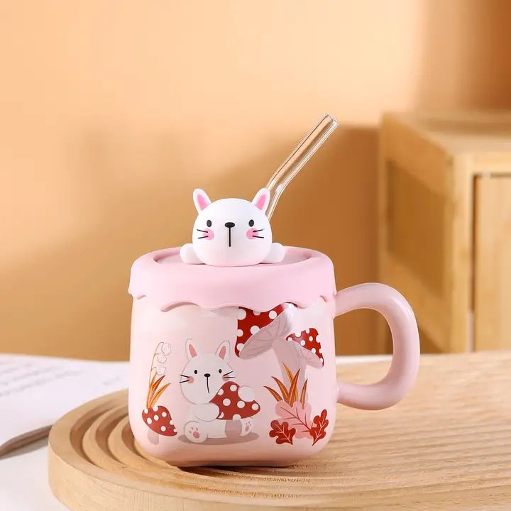 Rabbit Mushrooms Mug With Lid & Straw