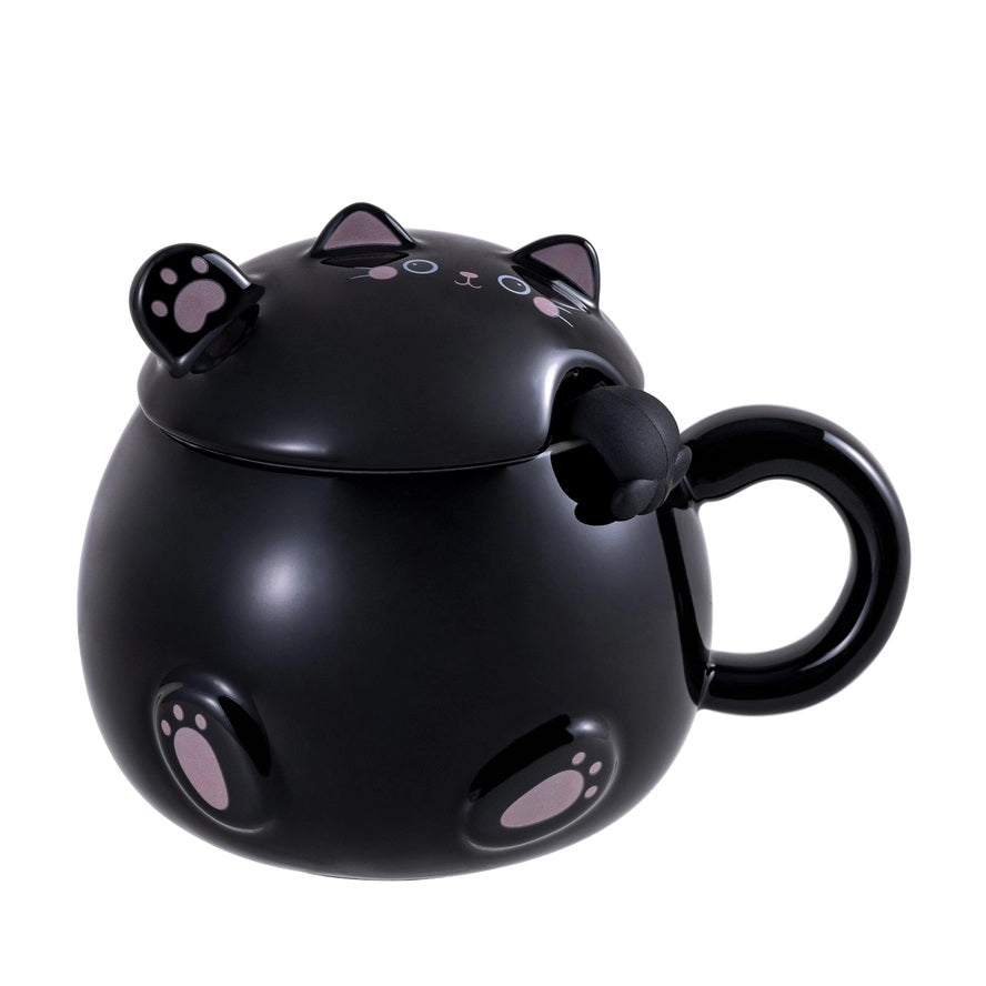 Whimsy Black Cat Mug With Lid & Spoon