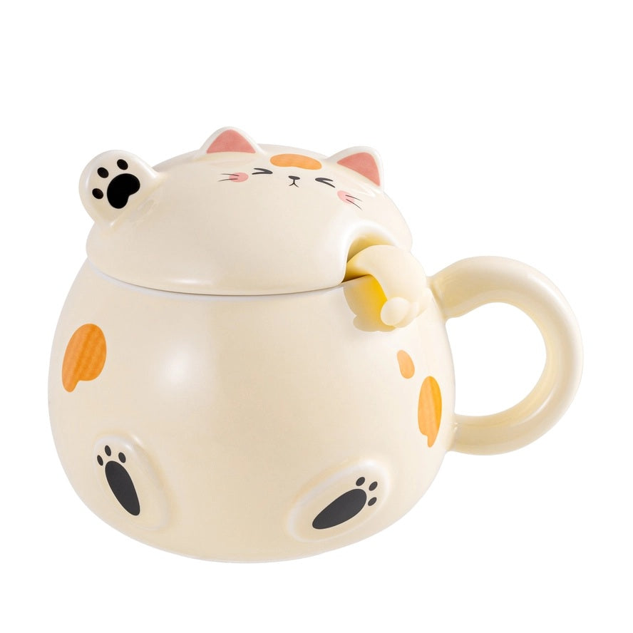 Whimsy Calico Cat Mug With Lid & Spoon