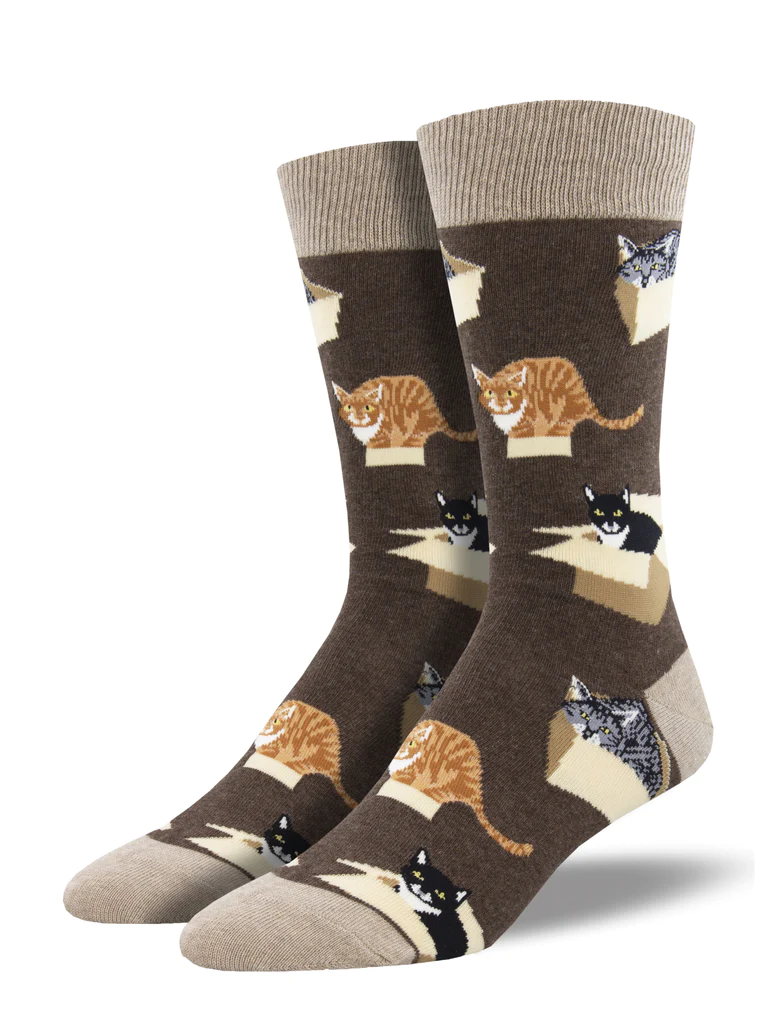 Cat In A Box Men's Crew Socks Brown Heather